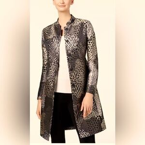 ANNE KLEIN jacquard topper jacket, animal print patches, size L. Black and brown